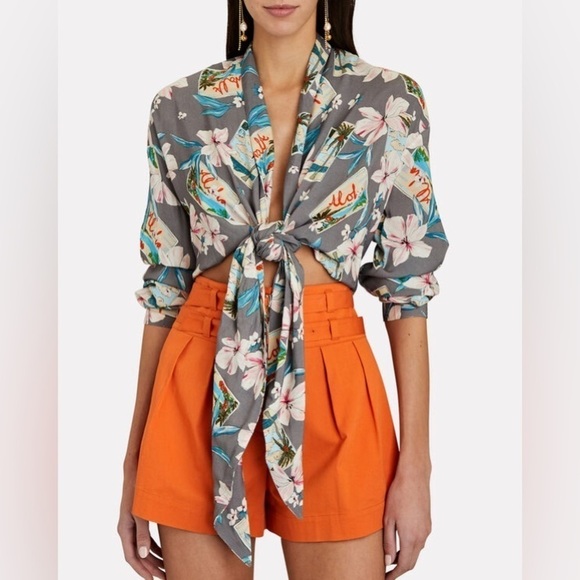 Le Superbe Tops - New! Le Superbe Topper Long Sleeve Tie Front Crop Aloha Fog Gray 🌺 Small NWT!